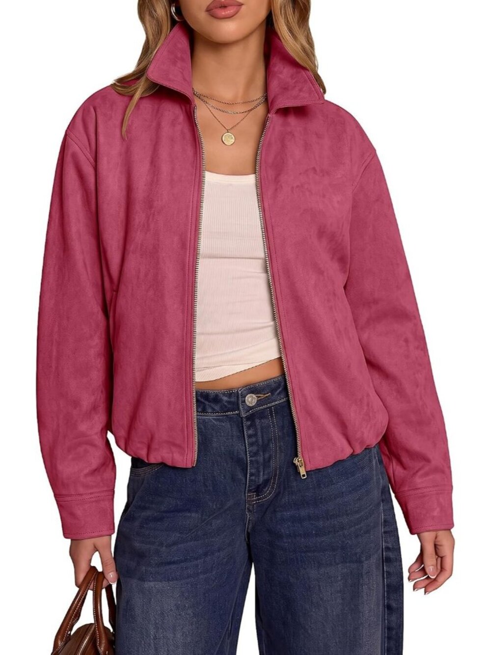 Women's Wine Red Faux Suede Oversized With Pockets Cropped Fall Jacket
